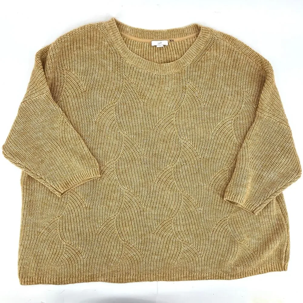 J. Jill Women’s XLP Camel Cotton Blend Crew Neck Swirl Knit Short Sleeve Sweater